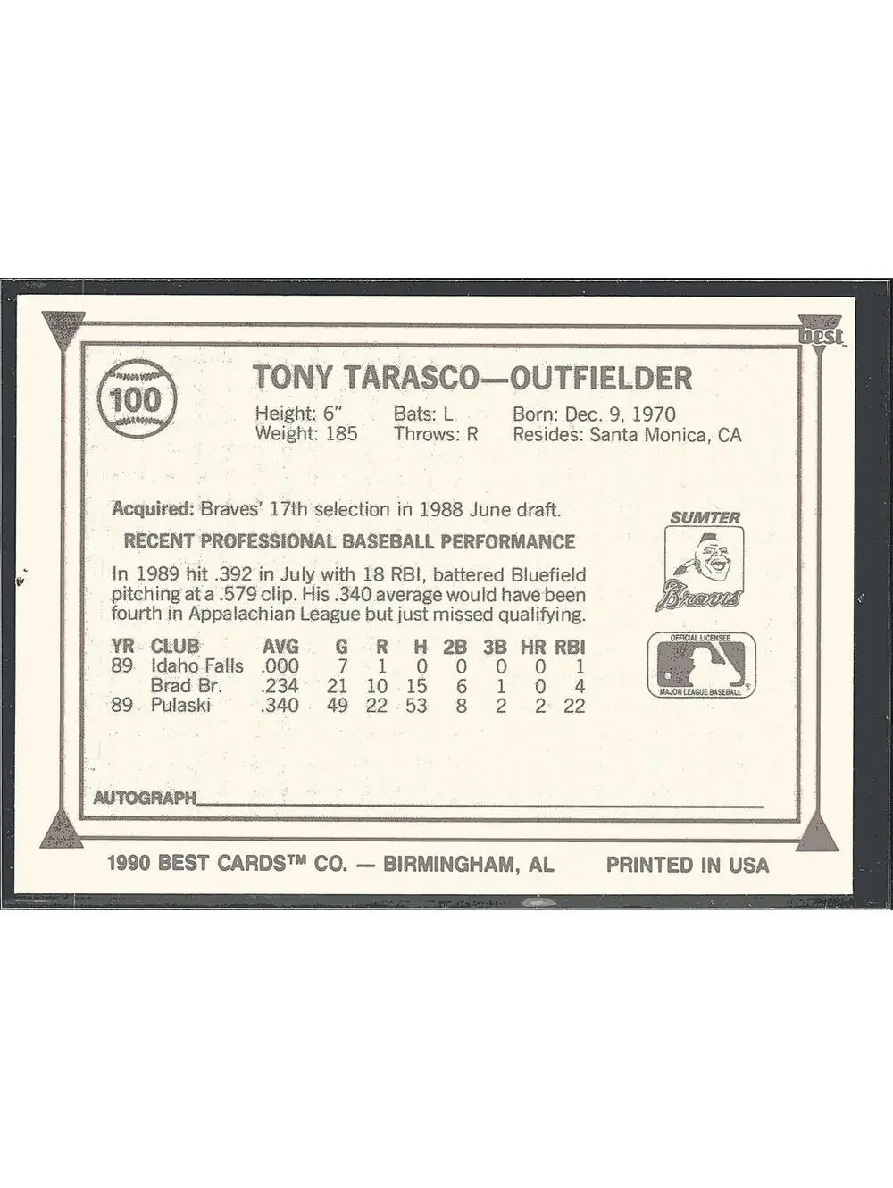 1990 Best Minor League #100 Tony Tarasco HAND SIGNED